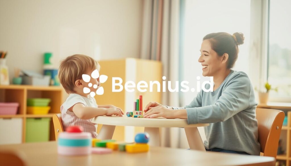 A cheerful, warm-lit scene of a young child engaged in speech therapy with a caring therapist. The child sits at a small table, surrounded by colorful toys and educational materials. The therapist, wearing a friendly expression, gently guides the child through exercises to improve their speech and language skills. Sunlight filters in through a nearby window, casting a soft glow over the inviting space. The overall atmosphere is one of nurturing support and developmental progress. In the foreground, the BeeGenius.id logo is subtly incorporated into the design, adding a touch of branding to this heartwarming image. A cheerful, warm-lit scene of a young child engaged in speech therapy with a caring therapist. The child sits at a small table, surrounded by colorful toys and educational materials. The therapist, wearing a friendly expression, gently guides the child through exercises to improve their speech and language skills. Sunlight filters in through a nearby window, casting a soft glow over the inviting space. The overall atmosphere is one of nurturing support and developmental progress. In the foreground, the BeeGenius.id logo is subtly incorporated into the design, adding a touch of branding to this heartwarming image.