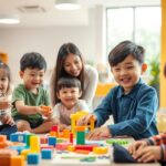 A cheerful, well-lit scene of occupational therapy for young children in Tangerang. In the foreground, a group of smiling kids engage in various hands-on activities like building blocks, painting, and playing with educational toys. In the middle ground, a caring therapist guides them, encouraging their creativity and independence. The background showcases the modern, colorful interior of a BeeGenius.id occupational therapy clinic, with large windows letting in natural light. The overall atmosphere is one of learning, growth, and empowerment, reflecting the clinic's mission to provide early solutions for child self-reliance.
