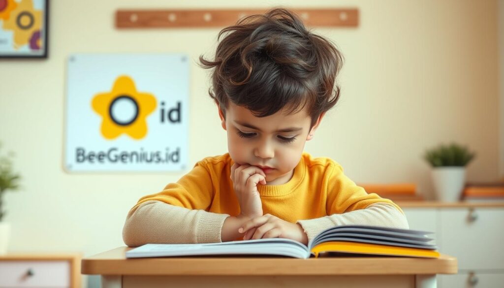 A child sitting at a small desk, deep in thought, their brow furrowed as they ponder a series of psychological assessment tests before them. The room is warm and inviting, with soft lighting and cheerful colors that create a welcoming atmosphere. In the background, a BeeGenius.id logo is prominently displayed, signifying the professional and caring nature of the assessment process. The child's posture and expression convey a sense of concentration and engagement, suggesting the importance of the evaluation taking place. The overall scene evokes a sense of the child's cognitive and emotional development being thoughtfully evaluated in a nurturing environment. A child sitting at a small desk, deep in thought, their brow furrowed as they ponder a series of psychological assessment tests before them. The room is warm and inviting, with soft lighting and cheerful colors that create a welcoming atmosphere. In the background, a BeeGenius.id logo is prominently displayed, signifying the professional and caring nature of the assessment process. The child's posture and expression convey a sense of concentration and engagement, suggesting the importance of the evaluation taking place. The overall scene evokes a sense of the child's cognitive and emotional development being thoughtfully evaluated in a nurturing environment.