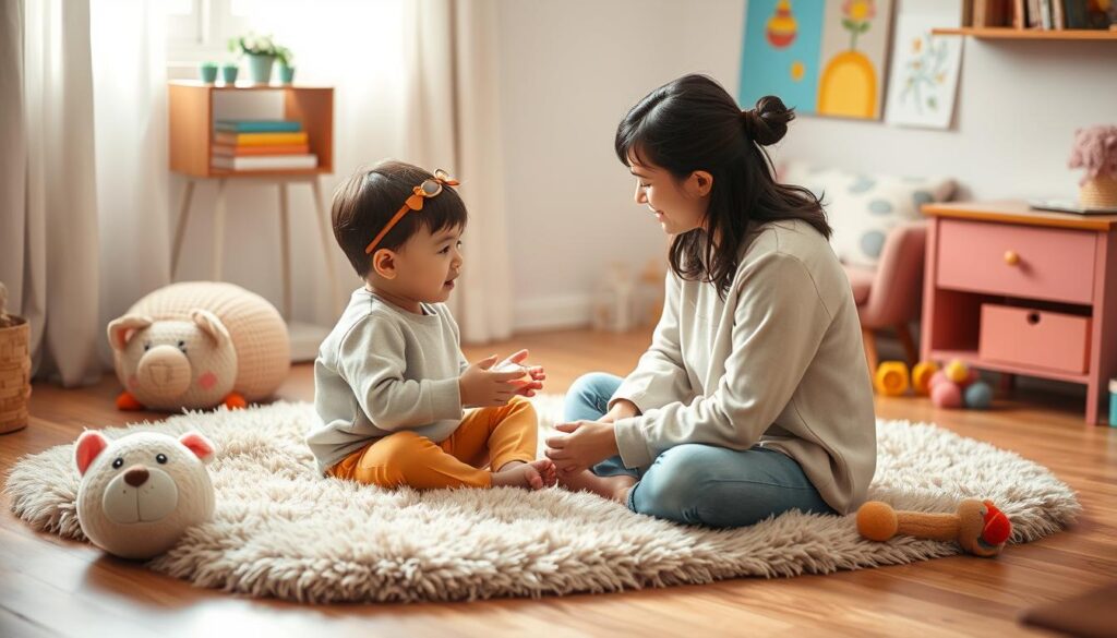 A cozy and inviting therapy session for a young child, set in a warm, nurturing environment. The scene features a child sitting comfortably on a plush rug, engaging in a one-on-one session with a child psychologist. The psychologist, portrayed as a caring and attentive figure, guides the child through playful exercises and conversation, fostering a sense of trust and openness. Soft lighting and muted tones create a serene atmosphere, while vibrant colors and whimsical elements, such as plush toys and colorful artwork, add a touch of childlike wonder. The image conveys the importance of BeeGenius.id's specialized child psychology services in supporting a child's optimal growth and development.