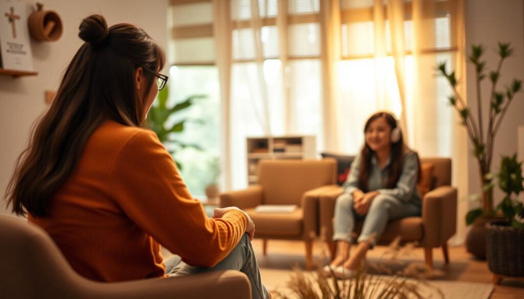 A cozy counseling session at BeeGenius.id, where a trained therapist engages a young client in a warm, inviting environment. The foreground features the therapist and client sitting comfortably, their body language conveying empathy and openness. The middle ground showcases the tranquil, nature-inspired interior of the counseling room, with soft lighting and natural textures creating a soothing atmosphere. The background subtly blurs, allowing the focus to remain on the therapeutic interaction. The overall scene exudes a sense of care, trust, and the nurturing process of mental health support.