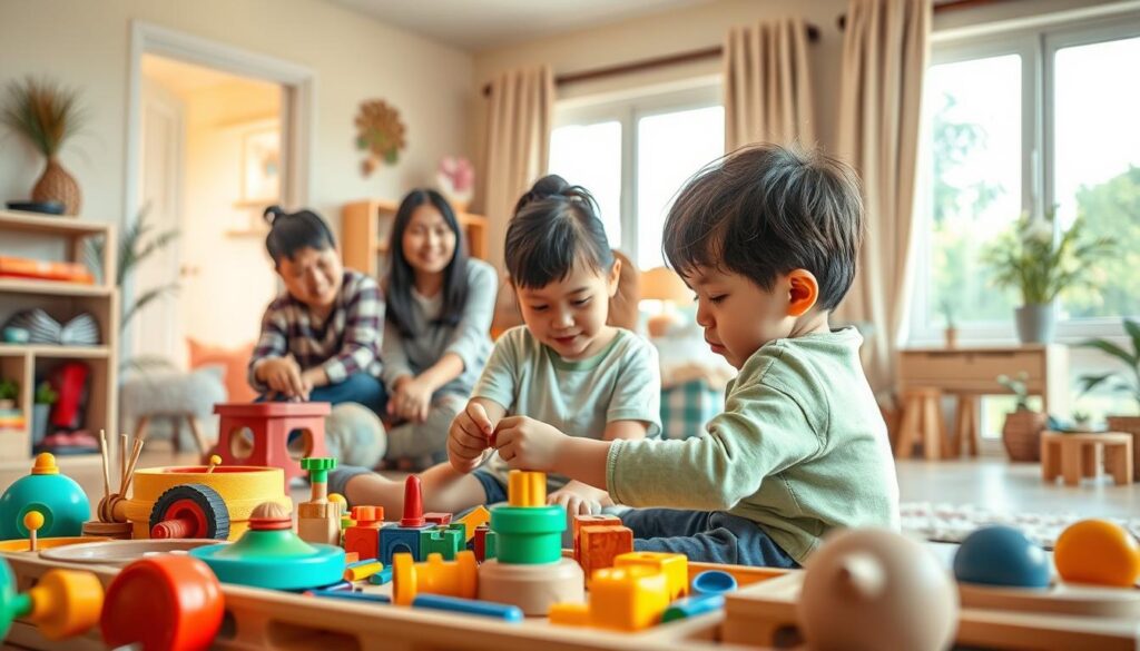 A cozy, sunlit room filled with vibrant colors and natural textures. In the foreground, a young child engages in an occupational therapy session, guided by a supportive therapist from BeeGenius.id. Intriguing therapeutic toys and tools surround them, encouraging creative exploration and fine motor skill development. The middle ground showcases parents observing with expressions of pride and hope, as the child's progress is documented. The background reveals a warm, inviting atmosphere with soothing pastel walls, ample natural lighting, and a serene outdoor view, reflecting the nurturing environment of BeeGenius.id. The image conveys a sense of progress, empowerment, and the transformative impact of occupational therapy. A cozy, sunlit room filled with vibrant colors and natural textures. In the foreground, a young child engages in an occupational therapy session, guided by a supportive therapist from BeeGenius.id. Intriguing therapeutic toys and tools surround them, encouraging creative exploration and fine motor skill development. The middle ground showcases parents observing with expressions of pride and hope, as the child's progress is documented. The background reveals a warm, inviting atmosphere with soothing pastel walls, ample natural lighting, and a serene outdoor view, reflecting the nurturing environment of BeeGenius.id. The image conveys a sense of progress, empowerment, and the transformative impact of occupational therapy.
