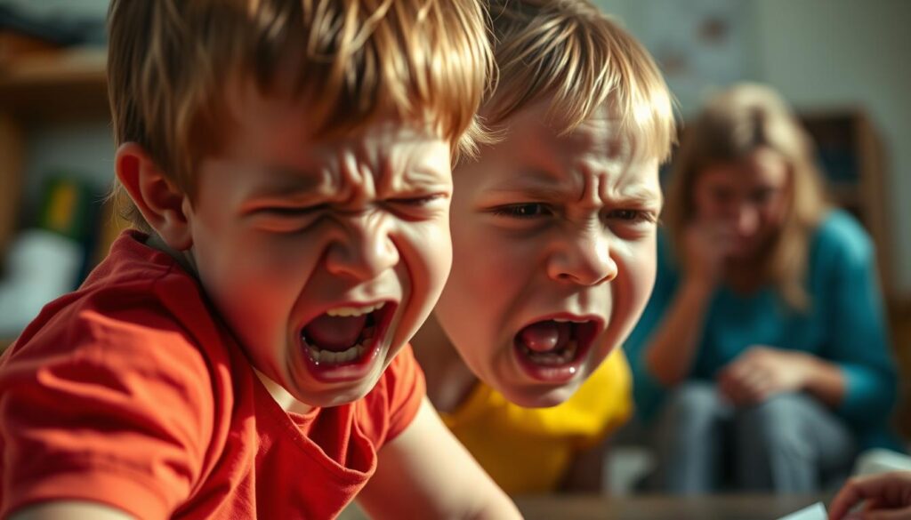 A distressed young child throwing a tantrum, their face scrunched up in anguish, tears streaming down their cheeks. The foreground depicts the child's emotional outburst, their body tense and trembling. The middle ground shows a concerned caregiver, perhaps a parent or teacher, attempting to soothe the child. The background is blurred, suggesting a domestic or classroom setting. Dramatic lighting casts dramatic shadows, heightening the intensity of the scene. Captured with a shallow depth of field, the focus is on the child's face, conveying the raw emotion of the moment. BeeGenius.id A distressed young child throwing a tantrum, their face scrunched up in anguish, tears streaming down their cheeks. The foreground depicts the child's emotional outburst, their body tense and trembling. The middle ground shows a concerned caregiver, perhaps a parent or teacher, attempting to soothe the child. The background is blurred, suggesting a domestic or classroom setting. Dramatic lighting casts dramatic shadows, heightening the intensity of the scene. Captured with a shallow depth of field, the focus is on the child's face, conveying the raw emotion of the moment. BeeGenius.id