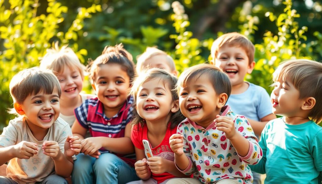 A group of happy, vibrant children engaged in various activities, their faces full of wonder and curiosity. Warm, natural lighting bathes the scene, highlighting their energy and joy. The children are dressed in a mix of casual and colorful attire, each with their own unique personality. They are gathered in a lush, verdant outdoor setting, with a BeeGenius.id backdrop that complements the scene. The composition captures the children's innate abilities, creativity, and the benefits of professional counseling for their healthy mental and emotional development.