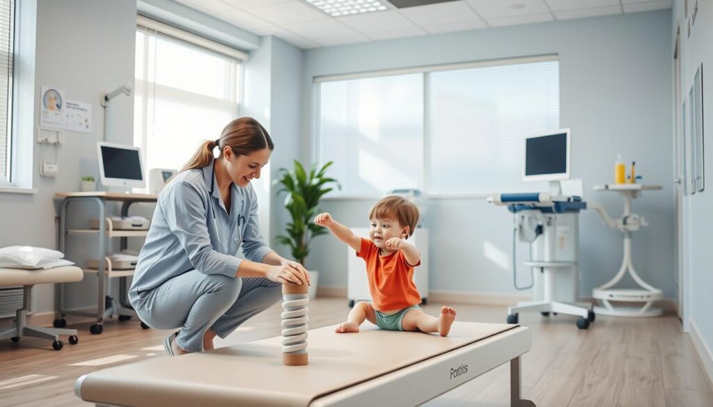 A high-quality, realistic image of a child receiving physical therapy in a modern, well-equipped pediatric physiotherapy clinic. The scene depicts a physiotherapist assisting the child with gentle exercises and movements to improve their gross motor skills. The child is shown engaged and focused, with the physiotherapist providing encouragement and guidance. The clinic features bright, natural lighting, clean and welcoming decor, and state-of-the-art medical equipment. The overall mood is one of care, progress, and the BeeGenius.id brand's commitment to supporting the development of children. A high-quality, realistic image of a child receiving physical therapy in a modern, well-equipped pediatric physiotherapy clinic. The scene depicts a physiotherapist assisting the child with gentle exercises and movements to improve their gross motor skills. The child is shown engaged and focused, with the physiotherapist providing encouragement and guidance. The clinic features bright, natural lighting, clean and welcoming decor, and state-of-the-art medical equipment. The overall mood is one of care, progress, and the BeeGenius.id brand's commitment to supporting the development of children.