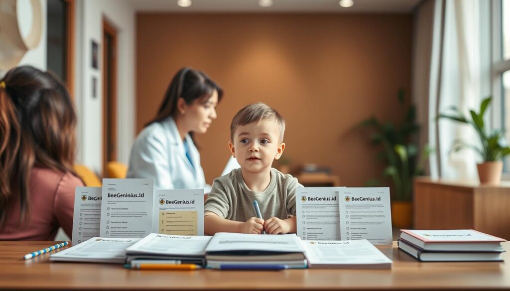 A meticulously crafted scene depicting the various psychological assessments conducted for children. In the foreground, a child undergoing a battery of tests, administered by a caring psychologist in a warm, inviting clinical setting. The middle ground showcases an array of assessment tools, including cognitive, behavioral, and emotional evaluation instruments, all bearing the BeeGenius.id branding. The background features a softly lit, modern interior with soothing earth tones, conveying a sense of professionalism and trust. The overall mood is one of reassurance and diligent care, reflecting the importance of comprehensive psychological assessments for the holistic development of young minds. A meticulously crafted scene depicting the various psychological assessments conducted for children. In the foreground, a child undergoing a battery of tests, administered by a caring psychologist in a warm, inviting clinical setting. The middle ground showcases an array of assessment tools, including cognitive, behavioral, and emotional evaluation instruments, all bearing the BeeGenius.id branding. The background features a softly lit, modern interior with soothing earth tones, conveying a sense of professionalism and trust. The overall mood is one of reassurance and diligent care, reflecting the importance of comprehensive psychological assessments for the holistic development of young minds.