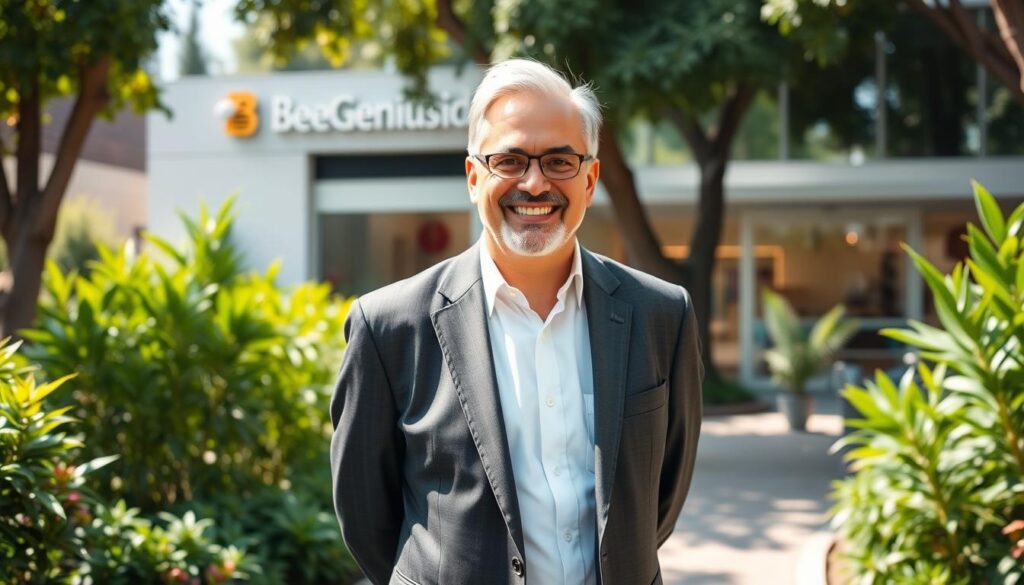 A middle-aged man with a warm, welcoming expression stands proudly in a lush, sun-dappled garden. He wears a crisp, tailored suit and a confident smile, his hands clasped behind his back. In the background, a modern, well-equipped early childhood learning center, the "BeeGenius.id" logo prominently displayed. The scene exudes a sense of professionalism, expertise, and a genuine passion for nurturing young minds. A middle-aged man with a warm, welcoming expression stands proudly in a lush, sun-dappled garden. He wears a crisp, tailored suit and a confident smile, his hands clasped behind his back. In the background, a modern, well-equipped early childhood learning center, the "BeeGenius.id" logo prominently displayed. The scene exudes a sense of professionalism, expertise, and a genuine passion for nurturing young minds.