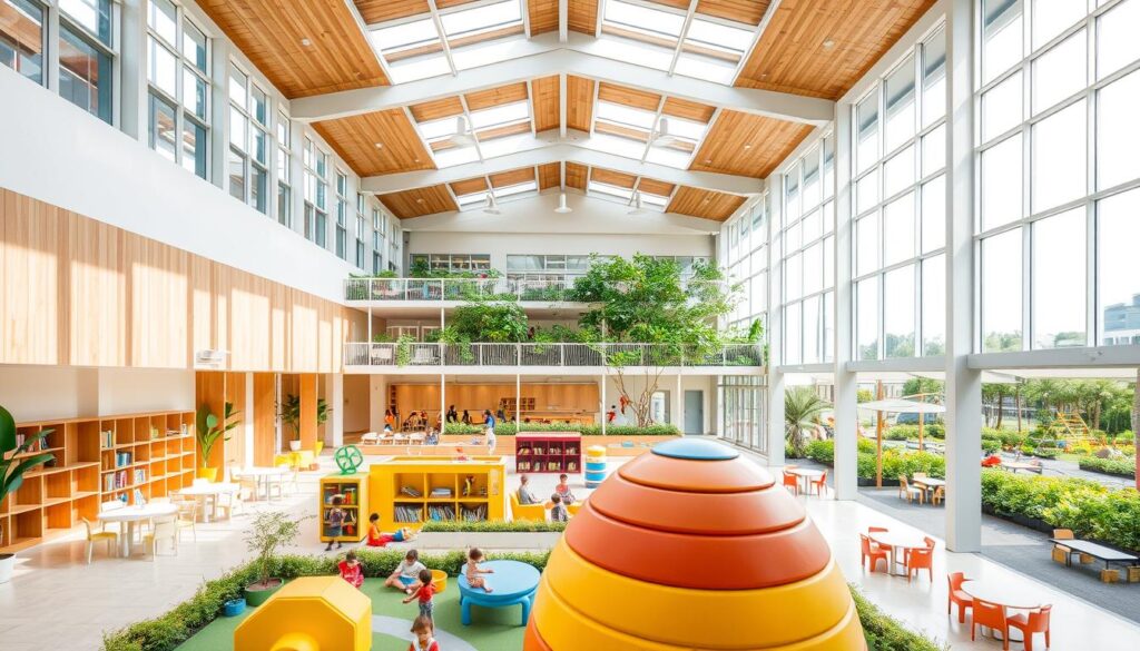 A modern, purpose-built early childhood education facility, BeeGenius.id in Gading Serpong features a vibrant, light-filled atrium with high ceilings and large windows. Warm wood accents and natural greenery create a welcoming, nature-inspired ambiance. In the foreground, colorful beehive-themed play structures invite children to explore and learn through interactive discovery. The middle ground showcases well-equipped classrooms with adjustable furniture and state-of-the-art educational technologies. In the background, a lush, landscaped outdoor play area with age-appropriate equipment and shaded seating provides ample opportunities for physical activity and sensory engagement.