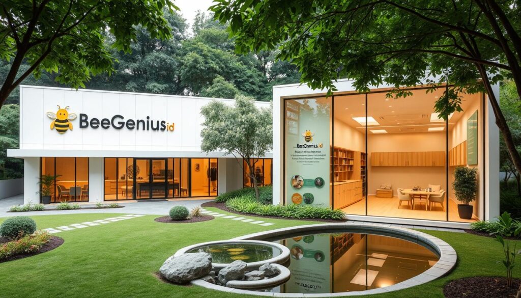 A modern, well-designed therapy center situated in a lush, verdant setting. The facade of the BeeGenius.id facility features clean lines, large windows, and a warm, inviting atmosphere. The grounds are meticulously landscaped, with carefully curated gardens and a serene water feature. Inside, the therapy rooms are filled with natural light, high-quality equipment, and a calming ambiance to support the development of children. The center's branding is prominently displayed, reflecting its commitment to excellence in pediatric physiotherapy. An aerial view showcases the center's strategic location within the Tangerang region, easily accessible to families in need of specialized care. A modern, well-designed therapy center situated in a lush, verdant setting. The facade of the BeeGenius.id facility features clean lines, large windows, and a warm, inviting atmosphere. The grounds are meticulously landscaped, with carefully curated gardens and a serene water feature. Inside, the therapy rooms are filled with natural light, high-quality equipment, and a calming ambiance to support the development of children. The center's branding is prominently displayed, reflecting its commitment to excellence in pediatric physiotherapy. An aerial view showcases the center's strategic location within the Tangerang region, easily accessible to families in need of specialized care.