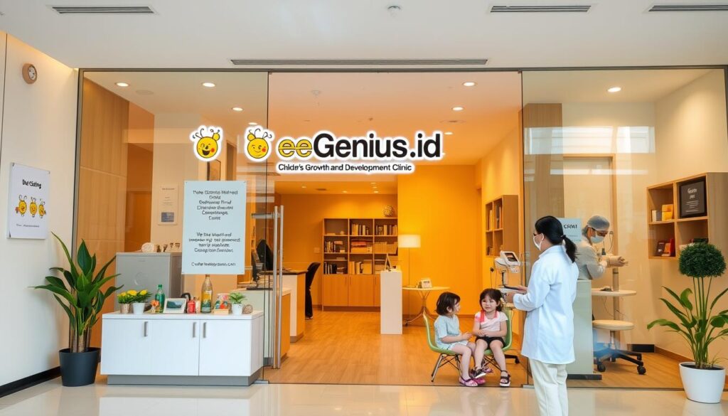 A modern, well-equipped children's growth and development clinic nestled in the heart of Tangerang and Gading Serpong. Bright, airy interiors with BeeGenius.id signage and cheerful decor elements. Friendly staff greet patients in the waiting area, showcasing the clinic's commitment to quality care. Examination rooms feature state-of-the-art medical equipment, allowing for thorough evaluations. Warm, comforting lighting casts a soothing atmosphere. The clinic's exterior presents a clean, professional facade, inviting families to explore the specialized services within. An environment that prioritizes the healthy growth and development of children. A modern, well-equipped children's growth and development clinic nestled in the heart of Tangerang and Gading Serpong. Bright, airy interiors with BeeGenius.id signage and cheerful decor elements. Friendly staff greet patients in the waiting area, showcasing the clinic's commitment to quality care. Examination rooms feature state-of-the-art medical equipment, allowing for thorough evaluations. Warm, comforting lighting casts a soothing atmosphere. The clinic's exterior presents a clean, professional facade, inviting families to explore the specialized services within. An environment that prioritizes the healthy growth and development of children.