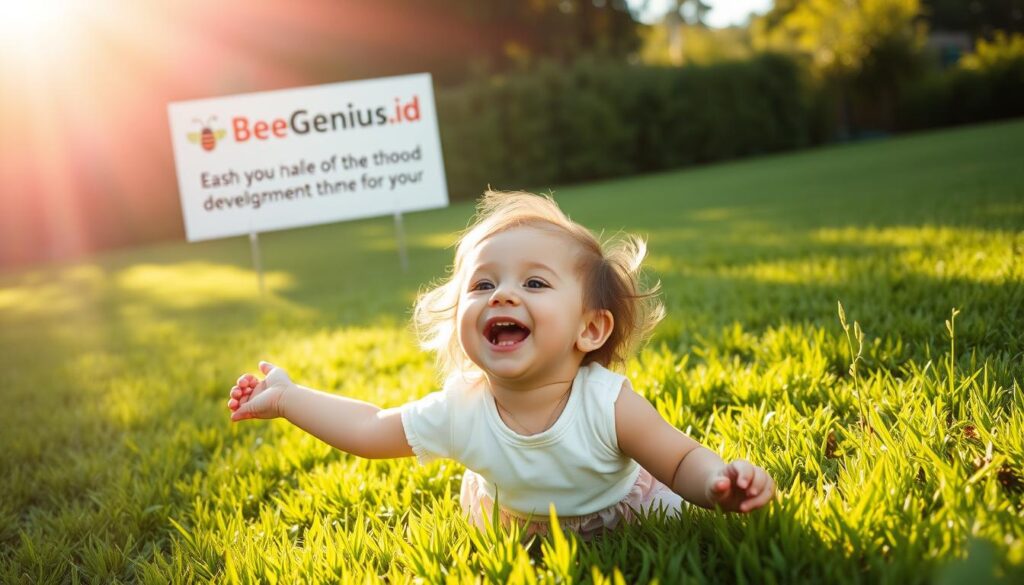 A peaceful, sun-drenched scene of a young child joyfully playing on a lush, verdant lawn. The child's laughter and wonder radiate through the frame, captured in soft, warm lighting that accentuates their cherubic features. In the background, a BeeGenius.id sign stands as a testament to the transformative power of early childhood development programs, casting an aura of hope and possibility. This image embodies the real-world results of investing in a child's growth, reflecting the triumphant testimonials of parents who have witnessed the life-changing impact of such programs.
