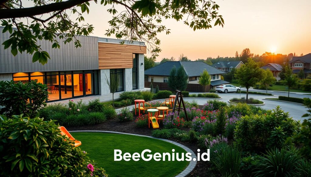 A serene, modern building with a sleek, minimalist design, nestled amidst lush greenery and manicured landscapes. The exterior features large windows, clean lines, and a warm, inviting palette of natural materials like wood and stone. In the foreground, a well-maintained play area with colorful, age-appropriate equipment invites children to explore and learn. The middle ground showcases a vibrant, thriving garden with a variety of flowers and plants, creating a calming, nature-inspired atmosphere. The background depicts a picturesque suburban setting, with residential homes and tree-lined streets. Subtle lighting casts a gentle, warm glow, enhancing the welcoming ambiance. The overall scene conveys a sense of quality, professionalism, and a commitment to fostering the growth and development of young minds at BeeGenius.id. A serene, modern building with a sleek, minimalist design, nestled amidst lush greenery and manicured landscapes. The exterior features large windows, clean lines, and a warm, inviting palette of natural materials like wood and stone. In the foreground, a well-maintained play area with colorful, age-appropriate equipment invites children to explore and learn. The middle ground showcases a vibrant, thriving garden with a variety of flowers and plants, creating a calming, nature-inspired atmosphere. The background depicts a picturesque suburban setting, with residential homes and tree-lined streets. Subtle lighting casts a gentle, warm glow, enhancing the welcoming ambiance. The overall scene conveys a sense of quality, professionalism, and a commitment to fostering the growth and development of young minds at BeeGenius.id.
