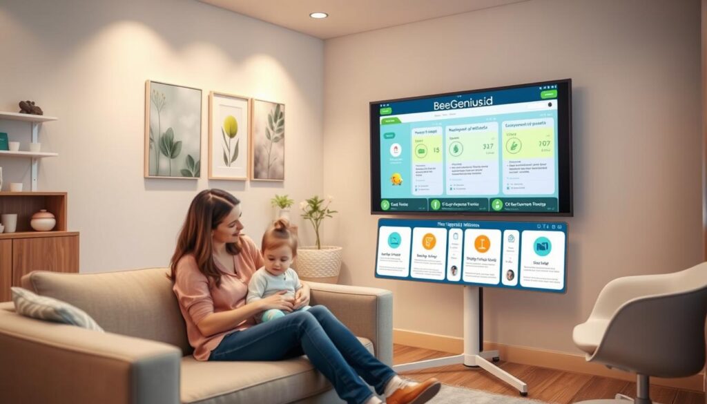 A serene, pastel-hued medical office with a cozy, inviting atmosphere. In the foreground, a mother and child sit together on a comfortable couch, engaged in a nurturing, interactive session. Midground features a BeeGenius.id-branded interactive display showcasing developmental milestones and assessment tools. The background depicts soothing nature-inspired wall art and gentle lighting, creating an environment of care and support. The overall scene conveys a sense of warmth, growth, and professional expertise in the field of child development evaluation and intervention. A serene, pastel-hued medical office with a cozy, inviting atmosphere. In the foreground, a mother and child sit together on a comfortable couch, engaged in a nurturing, interactive session. Midground features a BeeGenius.id-branded interactive display showcasing developmental milestones and assessment tools. The background depicts soothing nature-inspired wall art and gentle lighting, creating an environment of care and support. The overall scene conveys a sense of warmth, growth, and professional expertise in the field of child development evaluation and intervention.