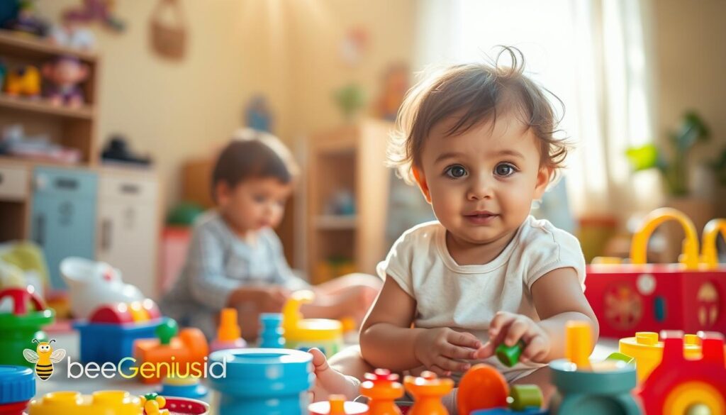 A serene, sun-dappled scene of a child's developmental journey, captured through the lens of the BeeGenius.id brand. In the foreground, a young child sits contentedly, their eyes filled with wonder as they explore a colorful array of toys and educational materials. The middle ground showcases a nurturing caregiver, guiding the child's discoveries with a gentle touch. In the background, a warm, inviting environment reflects the care and attention dedicated to the child's holistic growth and development.