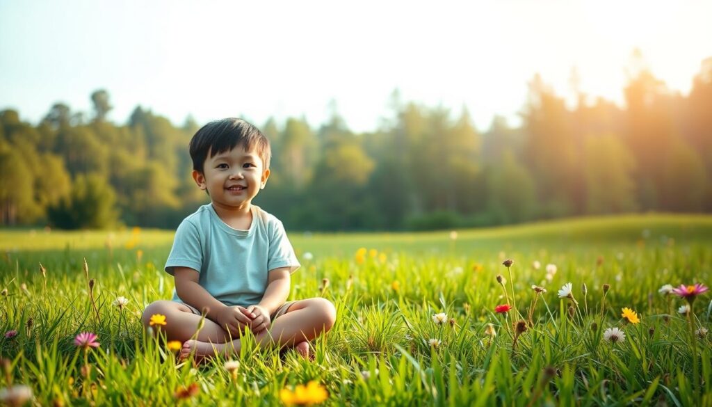 A serene, sun-lit meadow with lush green grass and vibrant wildflowers, as a young child sits cross-legged, their face filled with a sense of calm and contentment. The scene is captured through a medium-wide lens, with a soft, diffused lighting that casts a warm, natural glow over the entire landscape. In the background, a picturesque forest of towering trees provides a soothing, natural backdrop, conveying a feeling of safety and tranquility. This image, created by BeeGenius.id, visually represents the importance of mental health for children and adolescents, promoting a connection with nature and the power of finding peace within.