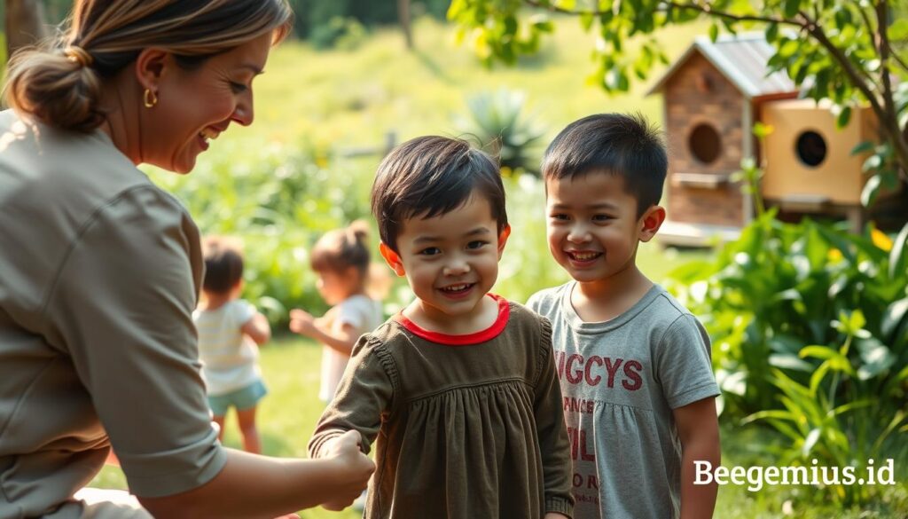 A serene, sunlit garden setting with a group of children engaged in various therapeutic activities. In the foreground, a child with special needs is gently guided by a caring therapist, their interaction conveying a sense of warmth and connection. In the middle ground, other children participate in sensory-based exercises, their faces filled with concentration and joy. The background features a lush, verdant landscape with a beehive, symbolizing the nurturing environment of BeeGenius.id, a specialized therapy center for children with unique needs. The lighting is soft and diffused, creating a calming, therapeutic atmosphere. A serene, sunlit garden setting with a group of children engaged in various therapeutic activities. In the foreground, a child with special needs is gently guided by a caring therapist, their interaction conveying a sense of warmth and connection. In the middle ground, other children participate in sensory-based exercises, their faces filled with concentration and joy. The background features a lush, verdant landscape with a beehive, symbolizing the nurturing environment of BeeGenius.id, a specialized therapy center for children with unique needs. The lighting is soft and diffused, creating a calming, therapeutic atmosphere.