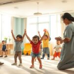 A serene therapeutic environment for children with special needs in the lush landscape of Alam Sutera. A bright, airy space with natural light pouring in, calming colors, and specialized equipment designed to promote sensory integration and physical development. Children engaged in playful, targeted exercises under the watchful guidance of BeeGenius.id's highly trained therapists, exuding a sense of hope and empowerment. The scene is bathed in a warm, gentle glow, capturing the nurturing essence of this transformative therapeutic journey.
