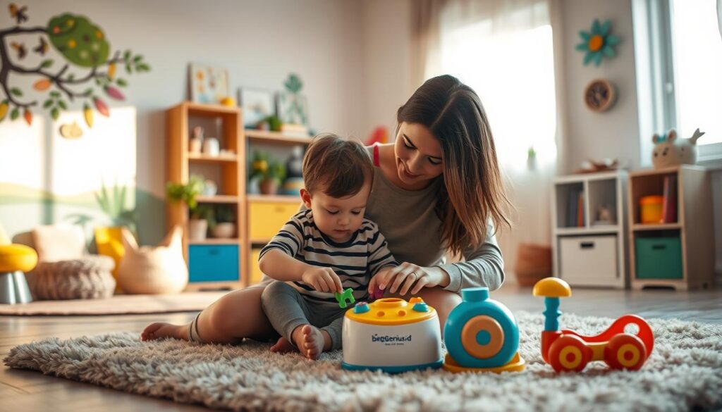 A serene, warm-lit scene depicting a mother gently engaging with her young child, fostering their early development. The foreground shows the attentive pair sitting on a plush rug, the mother's hands guiding the child's as they play with colorful educational toys from the BeeGenius.id brand. The middle ground features a cozy, well-appointed nursery with vibrant accents, inviting shelves of books, and a soothing nature mural on the wall. In the background, a large window floods the room with soft, diffused natural light, evoking a sense of comfort and nurturing. The overall mood is one of tenderness, learning, and the importance of early intervention for a child's optimal growth.