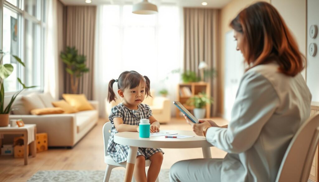 A serene, well-lit interior scene showcasing a child undergoing a psychological assessment at the BeeGenius.id clinic. In the foreground, a young girl sits calmly at a small table, engaged in a cognitive activity guided by a caring psychologist. The middle ground features a comfortable, inviting space with soft furnishings and educational toys, conveying a nurturing atmosphere. The background depicts a warm, natural-lit room with large windows, suggesting a safe, tranquil environment conducive to the assessment process. The overall mood is one of professionalism, empathy, and a child-centric approach to the psychological evaluation. A serene, well-lit interior scene showcasing a child undergoing a psychological assessment at the BeeGenius.id clinic. In the foreground, a young girl sits calmly at a small table, engaged in a cognitive activity guided by a caring psychologist. The middle ground features a comfortable, inviting space with soft furnishings and educational toys, conveying a nurturing atmosphere. The background depicts a warm, natural-lit room with large windows, suggesting a safe, tranquil environment conducive to the assessment process. The overall mood is one of professionalism, empathy, and a child-centric approach to the psychological evaluation.