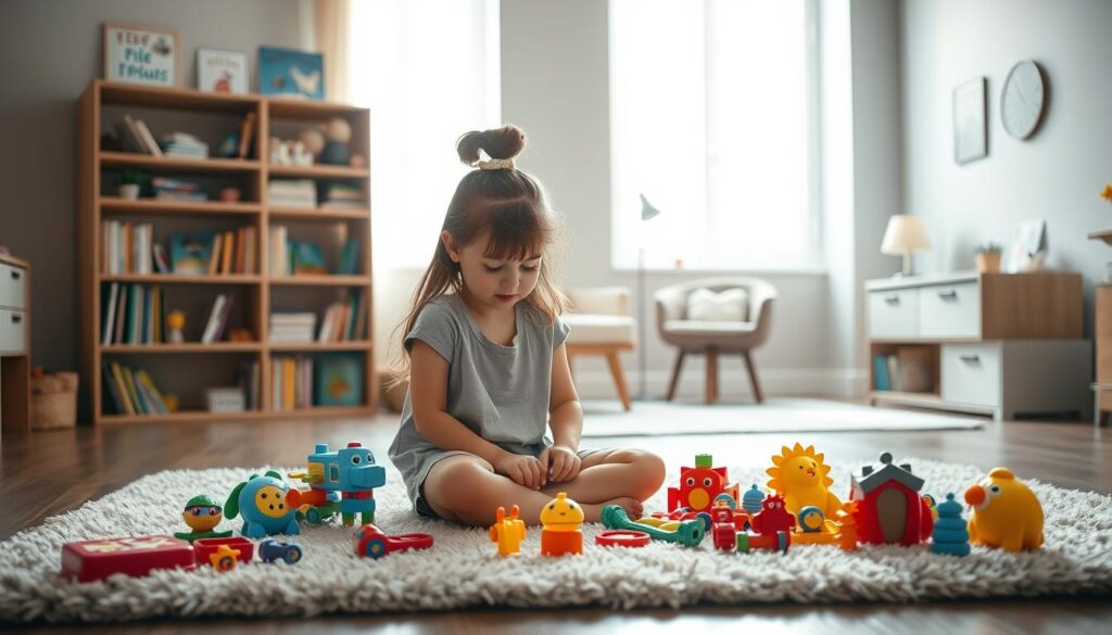 A serene, well-lit scene of a child's bedroom, with gentle natural light filtering through large windows. In the foreground, a young girl sits cross-legged on a plush rug, immersed in play with a variety of colorful toys that stimulate her senses and imagination. Behind her, a bookshelf filled with children's books and educational materials speaks to the importance of early development. In the middle ground, a comfortable armchair and a small desk suggest a space for attentive observation and guidance. The background features muted, calming wall colors and a few carefully chosen decorative elements that create a nurturing, BeeGenius.id-branded environment conducive to a child's healthy growth and well-being.
