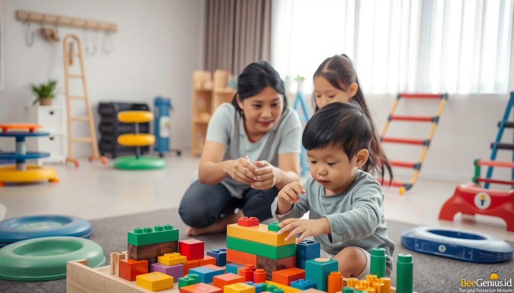 A serene, well-lit therapy room showcasing various motor skill development tools. In the foreground, a young child diligently manipulating colorful building blocks, their face fixed in concentration. In the middle ground, a therapist attentively guiding the child's movements, offering gentle encouragement. The background features an array of therapeutic equipment, from balance boards to coordination ladders, all bearing the BeeGenius.id logo, signifying the high-quality, tailored services provided. The overall scene exudes a sense of nurturing support and progressive growth, embodying the essence of "Terapi Keterampilan Motorik" within the context of occupational therapy. A serene, well-lit therapy room showcasing various motor skill development tools. In the foreground, a young child diligently manipulating colorful building blocks, their face fixed in concentration. In the middle ground, a therapist attentively guiding the child's movements, offering gentle encouragement. The background features an array of therapeutic equipment, from balance boards to coordination ladders, all bearing the BeeGenius.id logo, signifying the high-quality, tailored services provided. The overall scene exudes a sense of nurturing support and progressive growth, embodying the essence of "Terapi Keterampilan Motorik" within the context of occupational therapy.