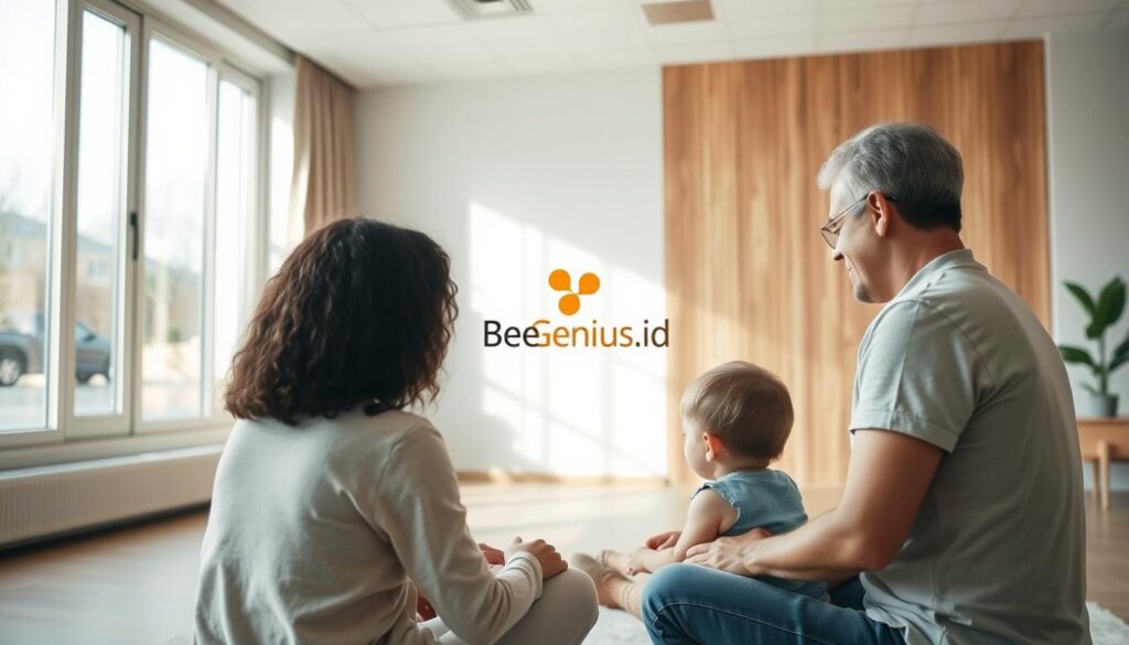 A spacious and well-lit therapy room, with large windows allowing natural light to flood the space. In the center, a therapist sits across from a child and their parent, engaged in a thoughtful consultation. The therapist's expression is warm and nurturing, while the child and parent listen intently. Soft neutral tones and natural wooden accents create a calming, inviting atmosphere. The BeeGenius.id logo is discreetly displayed, conveying professionalism and expertise. The scene captures the collaborative nature of the therapy process, with all parties working together towards the child's development and wellbeing. A spacious and well-lit therapy room, with large windows allowing natural light to flood the space. In the center, a therapist sits across from a child and their parent, engaged in a thoughtful consultation. The therapist's expression is warm and nurturing, while the child and parent listen intently. Soft neutral tones and natural wooden accents create a calming, inviting atmosphere. The BeeGenius.id logo is discreetly displayed, conveying professionalism and expertise. The scene captures the collaborative nature of the therapy process, with all parties working together towards the child's development and wellbeing.