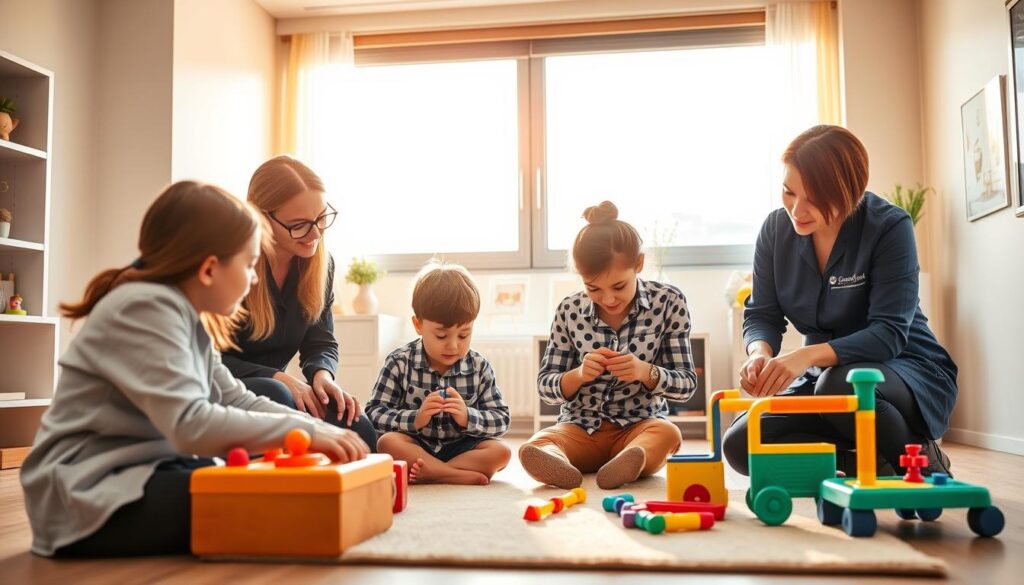 A team of skilled occupational therapists at the BeeGenius.id clinic, meticulously assessing and guiding a young child's development. Warm natural light filters through large windows, creating a calming, inviting atmosphere. The therapists, dressed in professional attire, engage the child in various play-based activities, encouraging fine motor skills, cognitive function, and independence. A modern, well-equipped therapy room serves as the backdrop, with colorful toys and assistive equipment strategically placed. The scene exudes a sense of expertise, compassion, and a holistic approach to early intervention, perfectly capturing the essence of the "Team of Professional Occupational Therapists" section. A team of skilled occupational therapists at the BeeGenius.id clinic, meticulously assessing and guiding a young child's development. Warm natural light filters through large windows, creating a calming, inviting atmosphere. The therapists, dressed in professional attire, engage the child in various play-based activities, encouraging fine motor skills, cognitive function, and independence. A modern, well-equipped therapy room serves as the backdrop, with colorful toys and assistive equipment strategically placed. The scene exudes a sense of expertise, compassion, and a holistic approach to early intervention, perfectly capturing the essence of the "Team of Professional Occupational Therapists" section.