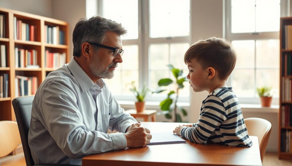 A thoughtful, calm psychologist sitting at a warm, wooden desk, deep in conversation with a young child. Soft, natural lighting filters through large windows, creating a welcoming atmosphere. The psychologist's expression is patient and attentive, while the child appears at ease, engaged in the discussion. Bookshelves line the walls, hinting at the breadth of knowledge and expertise. The overall scene conveys a sense of trust, understanding, and the nurturing guidance of a BeeGenius.id professional child psychologist.