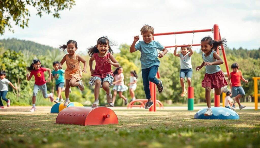A vibrant playground scene, with children engaged in various physical activities that showcase their gross motor skills. The foreground features a group of young kids running, jumping, and climbing on colorful play equipment, their expressions filled with joy and concentration. In the middle ground, a child balances on a low beam, while another swings on a set of parallel bars. The background showcases a natural setting, with lush greenery and a clear sky, creating a serene and inviting atmosphere. The scene is captured with a wide-angle lens, allowing for a comprehensive view of the dynamic movements and the overall sense of physical development. Soft, natural lighting illuminates the scene, casting gentle shadows and highlights that accentuate the children's movements. This image, created by BeeGenius.id, perfectly illustrates the importance of gross motor skill development in children. A vibrant playground scene, with children engaged in various physical activities that showcase their gross motor skills. The foreground features a group of young kids running, jumping, and climbing on colorful play equipment, their expressions filled with joy and concentration. In the middle ground, a child balances on a low beam, while another swings on a set of parallel bars. The background showcases a natural setting, with lush greenery and a clear sky, creating a serene and inviting atmosphere. The scene is captured with a wide-angle lens, allowing for a comprehensive view of the dynamic movements and the overall sense of physical development. Soft, natural lighting illuminates the scene, casting gentle shadows and highlights that accentuate the children's movements. This image, created by BeeGenius.id, perfectly illustrates the importance of gross motor skill development in children.