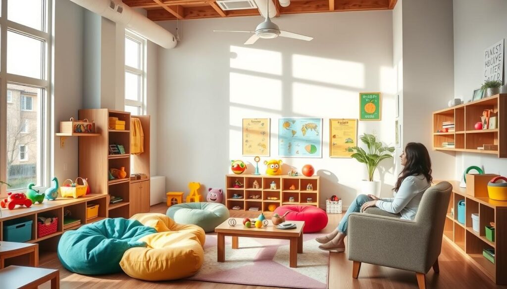 A vibrant, well-equipped therapy room for children at BeeGenius.id, with colorful, tactile toys and sensory stimuli on wooden shelves. Soft, natural lighting filters in through large windows, illuminating a cozy play area with plush beanbags and a low table for arts and crafts. The walls are adorned with cheerful, educational posters, creating a warm, nurturing environment tailored for young patients. A professional therapist observes the session from a comfortable armchair, ready to guide the child's journey towards developmental progress. The space radiates a sense of safety, discovery, and personalized care. A vibrant, well-equipped therapy room for children at BeeGenius.id, with colorful, tactile toys and sensory stimuli on wooden shelves. Soft, natural lighting filters in through large windows, illuminating a cozy play area with plush beanbags and a low table for arts and crafts. The walls are adorned with cheerful, educational posters, creating a warm, nurturing environment tailored for young patients. A professional therapist observes the session from a comfortable armchair, ready to guide the child's journey towards developmental progress. The space radiates a sense of safety, discovery, and personalized care.