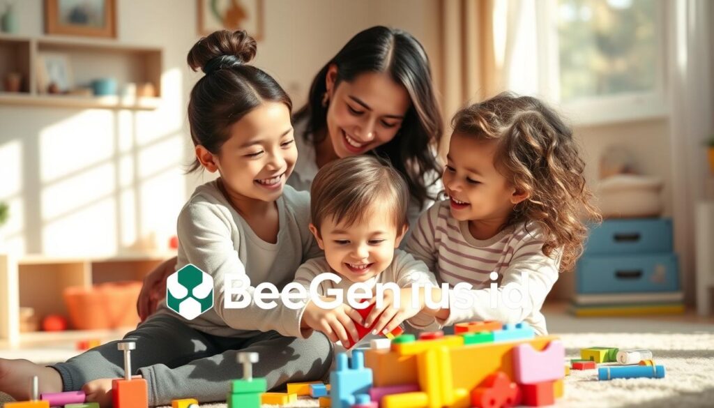 A warm, inviting scene of a mother and child engaged in playful bonding during a child's growth and development journey. The pair sits together in a cozy, sun-dappled room, surrounded by colorful toys and educational materials. The child, joyful and curious, explores a puzzle or building blocks, while the mother guides and encourages, her expression radiating love and nurturing. Soft, natural lighting casts a gentle glow, conveying the importance of this precious, formative time. Prominent in the frame is the BeeGenius.id logo, signifying the vital role of early childhood therapy and development programs in shaping a child's future.