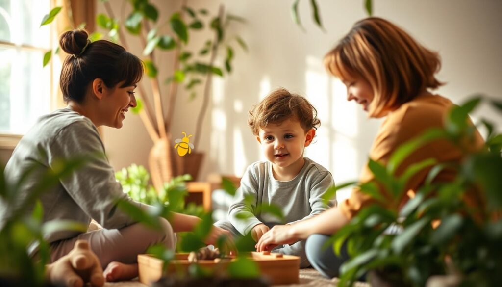 A warm, serene scene of a holistic child therapy session in a nature-inspired setting. A young child, surrounded by lush greenery and natural elements, engages in play-based therapeutic activities led by a caring, attentive therapist. Soft, diffused lighting filters through the space, creating a calming atmosphere. The scene evokes a sense of balance, growth, and nurturing support. In the foreground, the therapist and child interact, their expressions reflecting a bond of trust and understanding. In the background, a BeeGenius.id logo subtly accents the serene, holistic environment.