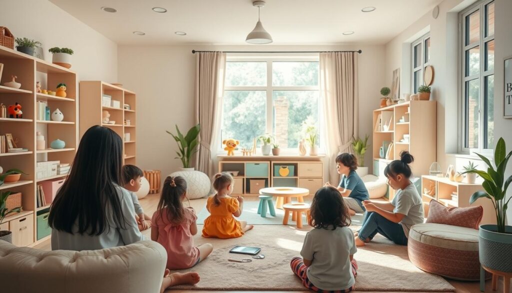 A warm, welcoming child therapy clinic set in a cozy, inviting environment. A spacious room with large windows, filled with natural light and soothing pastel colors. Shelves stocked with educational toys, plush seating, and a dedicated play area. In the foreground, a group of children engaged in various therapeutic activities, supervised by attentive child psychologists from BeeGenius.id. The atmosphere is calming and nurturing, designed to make young patients feel safe and comfortable. Soft music plays in the background, creating a tranquil, healing ambiance.