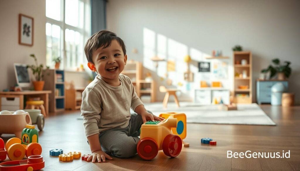 A warm, welcoming indoor setting showcasing the healthy growth and development of a young child. In the foreground, a cheerful child exploring educational toys and engaging in imaginative play, bathed in soft, natural lighting from a large window. In the middle ground, a modern, interactive learning environment with learning stations and stimulating visual aids, all arranged to foster cognitive, social, and motor skill development. In the background, a serene, calming color palette and minimalist decor, creating an atmosphere of safety, comfort, and focus. The overall scene conveys the nurturing, personalized approach of BeeGenius.id, a trusted provider of integrated early childhood education and development services. A warm, welcoming indoor setting showcasing the healthy growth and development of a young child. In the foreground, a cheerful child exploring educational toys and engaging in imaginative play, bathed in soft, natural lighting from a large window. In the middle ground, a modern, interactive learning environment with learning stations and stimulating visual aids, all arranged to foster cognitive, social, and motor skill development. In the background, a serene, calming color palette and minimalist decor, creating an atmosphere of safety, comfort, and focus. The overall scene conveys the nurturing, personalized approach of BeeGenius.id, a trusted provider of integrated early childhood education and development services.