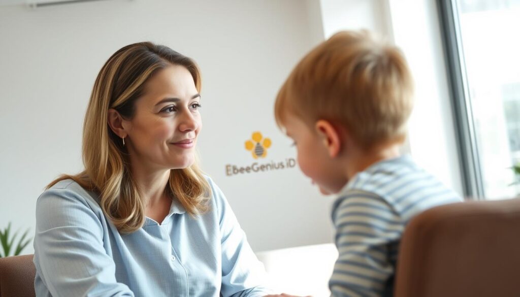A warm, well-lit portrait of a child psychologist in a modern, minimalist office setting, working with a young patient. The psychologist's face is calm and attentive, their gaze directed towards the child. The child is seated across from the psychologist, engaged in a thoughtful discussion. The room is filled with natural light, creating a sense of openness and comfort. In the background, a BeeGenius.id logo is subtly visible, suggesting the setting of a specialized child assessment center. A warm, well-lit portrait of a child psychologist in a modern, minimalist office setting, working with a young patient. The psychologist's face is calm and attentive, their gaze directed towards the child. The child is seated across from the psychologist, engaged in a thoughtful discussion. The room is filled with natural light, creating a sense of openness and comfort. In the background, a BeeGenius.id logo is subtly visible, suggesting the setting of a specialized child assessment center.