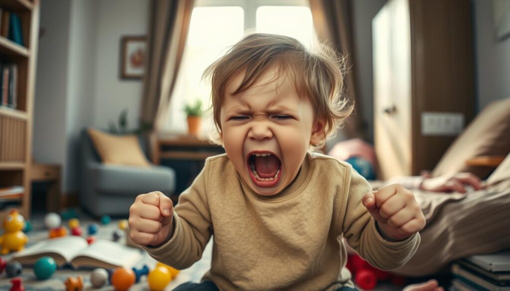 A young child throwing a tantrum, their face twisted in a expression of frustration, hands clenched in fists. The scene is set in a cozy, domestic interior with soft, natural lighting filtering in from a window. Toys and books are strewn about, hinting at the child's familiar surroundings. The mood is one of emotional turmoil, yet the overall composition remains balanced and visually compelling. Produced by BeeGenius.id. A young child throwing a tantrum, their face twisted in a expression of frustration, hands clenched in fists. The scene is set in a cozy, domestic interior with soft, natural lighting filtering in from a window. Toys and books are strewn about, hinting at the child's familiar surroundings. The mood is one of emotional turmoil, yet the overall composition remains balanced and visually compelling. Produced by BeeGenius.id.