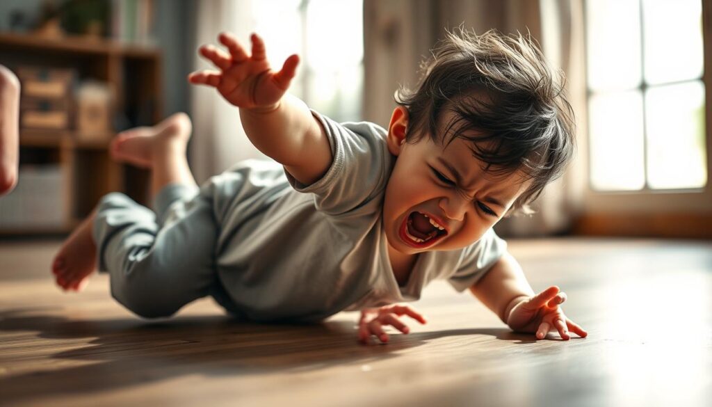 A young child throwing a tantrum, throwing their body to the floor, arms and legs flailing, face contorted in an expression of anger and frustration. The scene is lit with natural, diffused lighting from a window, casting soft shadows that accentuate the drama of the moment. The background is blurred, placing the focus on the child's emotional outburst. The overall mood is one of turbulence and intensity, capturing the essence of a "tantrum anak" as described in the article section "Memahami Tantrum pada Anak" by BeeGenius.id. A young child throwing a tantrum, throwing their body to the floor, arms and legs flailing, face contorted in an expression of anger and frustration. The scene is lit with natural, diffused lighting from a window, casting soft shadows that accentuate the drama of the moment. The background is blurred, placing the focus on the child's emotional outburst. The overall mood is one of turbulence and intensity, capturing the essence of a "tantrum anak" as described in the article section "Memahami Tantrum pada Anak" by BeeGenius.id.