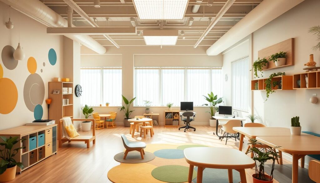 An occupational therapy facility at BeeGenius.id in Tangerang, featuring a warm, inviting atmosphere with natural lighting and modern, ergonomic equipment. The space is organized into distinct zones for various therapeutic activities, including a cozy sensory room, a bright, spacious play area, and a dedicated workspace with adjustable furniture. Cheerful, abstract wall murals and potted plants create a calm, nurturing environment, perfect for fostering the independence and development of young clients. An occupational therapy facility at BeeGenius.id in Tangerang, featuring a warm, inviting atmosphere with natural lighting and modern, ergonomic equipment. The space is organized into distinct zones for various therapeutic activities, including a cozy sensory room, a bright, spacious play area, and a dedicated workspace with adjustable furniture. Cheerful, abstract wall murals and potted plants create a calm, nurturing environment, perfect for fostering the independence and development of young clients.
