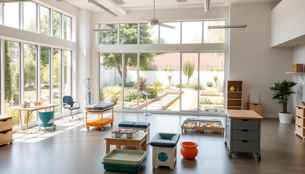 A bright, airy occupational therapy facility featuring a well-equipped, spacious indoor studio with large windows overlooking a lush, verdant garden. The foreground showcases various therapeutic equipment and stations designed to help patients engage in practical, purposeful activities. The middle ground depicts a serene, calming atmosphere with natural light filtering in, creating a sense of tranquility. The background features a picturesque outdoor area with neatly manicured pathways, calming water features, and therapeutic garden beds, all of which contribute to a holistic, restorative environment. The overall aesthetic exudes a professional, yet warm and inviting ambiance, reflective of the BeeGenius approach to occupational therapy. A bright, airy occupational therapy facility featuring a well-equipped, spacious indoor studio with large windows overlooking a lush, verdant garden. The foreground showcases various therapeutic equipment and stations designed to help patients engage in practical, purposeful activities. The middle ground depicts a serene, calming atmosphere with natural light filtering in, creating a sense of tranquility. The background features a picturesque outdoor area with neatly manicured pathways, calming water features, and therapeutic garden beds, all of which contribute to a holistic, restorative environment. The overall aesthetic exudes a professional, yet warm and inviting ambiance, reflective of the BeeGenius approach to occupational therapy.