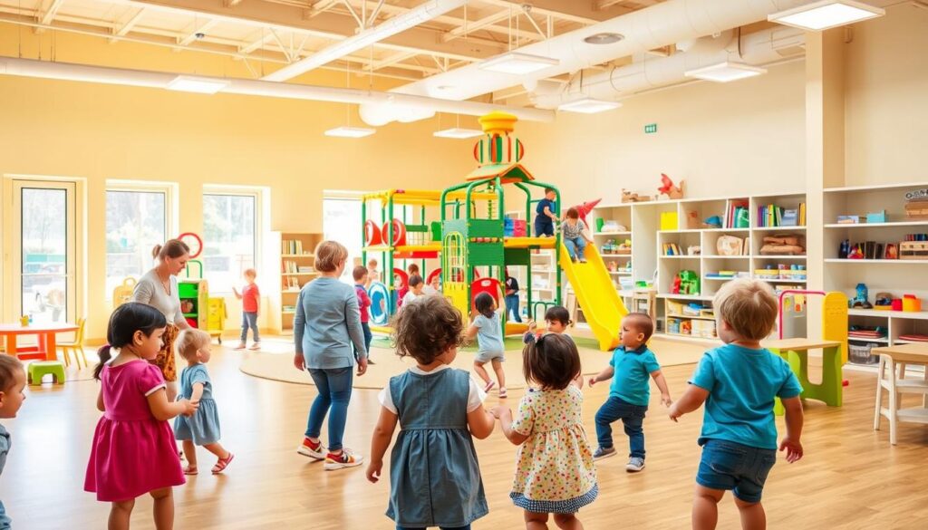 A brightly lit, warm and inviting indoor play space, with playful children exploring various interactive stations and developmental toys. In the foreground, a group of young kids are engaged in guided activities, under the watchful eye of attentive caregivers. In the middle ground, a central activity area features a large, colorful play structure, where children climb, slide, and build their motor skills. The background showcases various learning stations, such as a reading nook, a building block area, and a sensory exploration zone. The overall atmosphere is one of nurturing growth and discovery, reflecting the BeeGenius approach to early childhood development. A brightly lit, warm and inviting indoor play space, with playful children exploring various interactive stations and developmental toys. In the foreground, a group of young kids are engaged in guided activities, under the watchful eye of attentive caregivers. In the middle ground, a central activity area features a large, colorful play structure, where children climb, slide, and build their motor skills. The background showcases various learning stations, such as a reading nook, a building block area, and a sensory exploration zone. The overall atmosphere is one of nurturing growth and discovery, reflecting the BeeGenius approach to early childhood development.