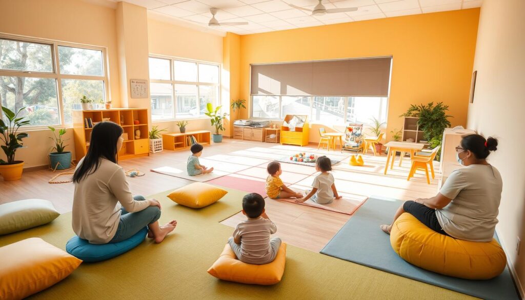 A calming, inviting therapy space for children at the BeeGenius learning center in Gading Serpong, Tangerang. A well-equipped indoor play area with soft, colorful mats and cushions. Bright natural lighting streams in through large windows, creating a cheerful atmosphere. Child-friendly furniture and equipment designed for physical, cognitive, and sensory therapy. A dedicated team of therapists guide the children through engaging, age-appropriate activities. An inclusive, nurturing environment that fosters the holistic development of young minds. A calming, inviting therapy space for children at the BeeGenius learning center in Gading Serpong, Tangerang. A well-equipped indoor play area with soft, colorful mats and cushions. Bright natural lighting streams in through large windows, creating a cheerful atmosphere. Child-friendly furniture and equipment designed for physical, cognitive, and sensory therapy. A dedicated team of therapists guide the children through engaging, age-appropriate activities. An inclusive, nurturing environment that fosters the holistic development of young minds.