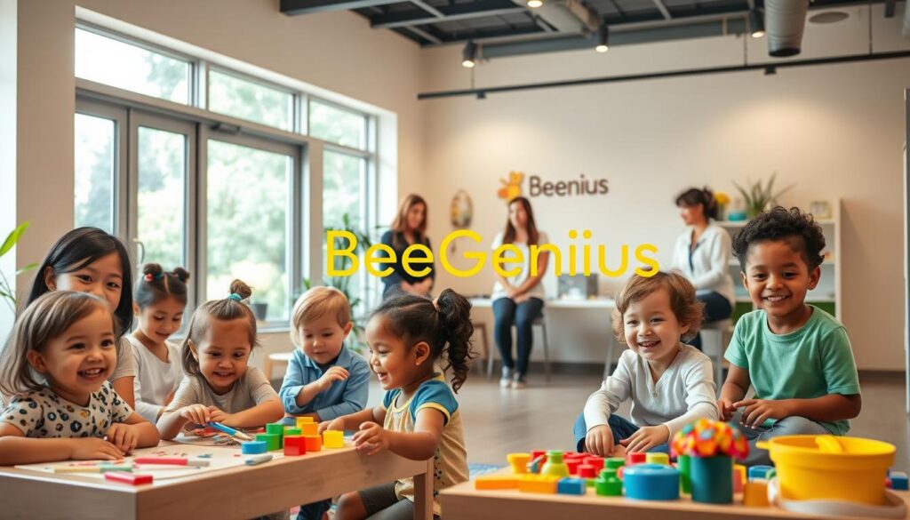 A cheerful and vibrant pediatric therapy clinic, with a warm and inviting atmosphere. The foreground features a group of smiling children engaged in various play-based therapeutic activities, including arts and crafts, building blocks, and sensory play. The middle ground showcases a team of dedicated healthcare professionals, including a physical therapist, occupational therapist, and speech-language pathologist, working collaboratively to assess and treat the children. The background depicts a serene, nature-inspired setting, with large windows allowing natural light to flood the space. The BeeGenius logo is prominently displayed, reflecting the clinic's commitment to holistic, child-centered care.