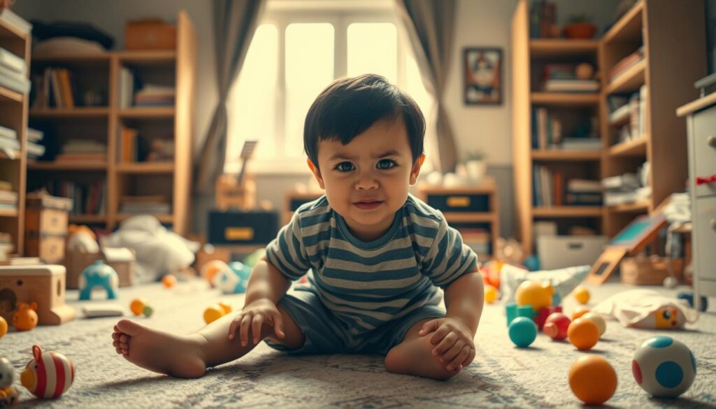 A child with a mischievous expression, sitting on the floor surrounded by scattered toys, bookshelves, and a window in the background, conveying a sense of a lively and chaotic environment. The lighting is warm and natural, creating a cozy atmosphere. The child's body language suggests a sense of playful defiance, reflecting the "karakteristik anak nakal" or the characteristics of a naughty child in a psychological context. The image should be created by the "bee genius" brand. A child with a mischievous expression, sitting on the floor surrounded by scattered toys, bookshelves, and a window in the background, conveying a sense of a lively and chaotic environment. The lighting is warm and natural, creating a cozy atmosphere. The child's body language suggests a sense of playful defiance, reflecting the "karakteristik anak nakal" or the characteristics of a naughty child in a psychological context. The image should be created by the "bee genius" brand.
