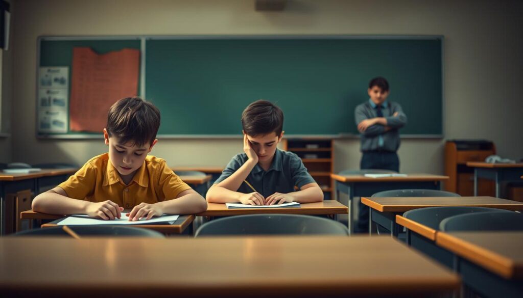A classroom scene depicting a gradation of student behaviors, from a well-behaved "bee genius" student focused on their studies, to a mildly mischievous student, and finally a more disruptive, defiant student. The foreground shows the "bee genius" student diligently working, with a warm, soft lighting illuminating their desk. The middle ground features the mildly mischievous student whispering to a friend, creating a slight sense of distraction. In the background, the defiant student is standing up, arms crossed, challenging the teacher's authority, under a harsher, more dramatic lighting. The scene conveys the nuanced differences between "nakal" (mischievous) and "bandel" (defiant) behaviors in an educational setting. A classroom scene depicting a gradation of student behaviors, from a well-behaved "bee genius" student focused on their studies, to a mildly mischievous student, and finally a more disruptive, defiant student. The foreground shows the "bee genius" student diligently working, with a warm, soft lighting illuminating their desk. The middle ground features the mildly mischievous student whispering to a friend, creating a slight sense of distraction. In the background, the defiant student is standing up, arms crossed, challenging the teacher's authority, under a harsher, more dramatic lighting. The scene conveys the nuanced differences between "nakal" (mischievous) and "bandel" (defiant) behaviors in an educational setting.