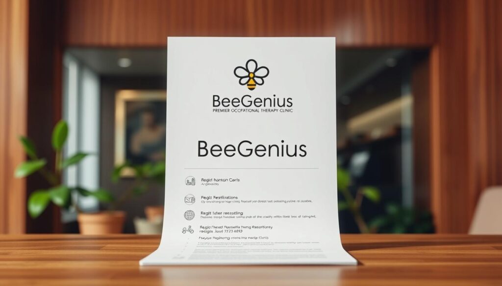 A clean, well-designed registration guide for BeeGenius, a premier occupational therapy clinic in Tangerang. The guide features a sophisticated layout with a warm, welcoming color palette of earthy browns and vibrant greens. The foreground showcases a neatly organized set of steps outlining the registration process, with icons and clean typography for easy comprehension. The middle ground depicts the BeeGenius logo prominently, conveying the brand's professionalism and expertise. The background subtly hints at the clinic's serene, nature-inspired environment through soft, blurred foliage. Captured with a wide-angle lens under soft, diffused lighting to create a cohesive, visually appealing image that resonates with the article's audience. A clean, well-designed registration guide for BeeGenius, a premier occupational therapy clinic in Tangerang. The guide features a sophisticated layout with a warm, welcoming color palette of earthy browns and vibrant greens. The foreground showcases a neatly organized set of steps outlining the registration process, with icons and clean typography for easy comprehension. The middle ground depicts the BeeGenius logo prominently, conveying the brand's professionalism and expertise. The background subtly hints at the clinic's serene, nature-inspired environment through soft, blurred foliage. Captured with a wide-angle lens under soft, diffused lighting to create a cohesive, visually appealing image that resonates with the article's audience.