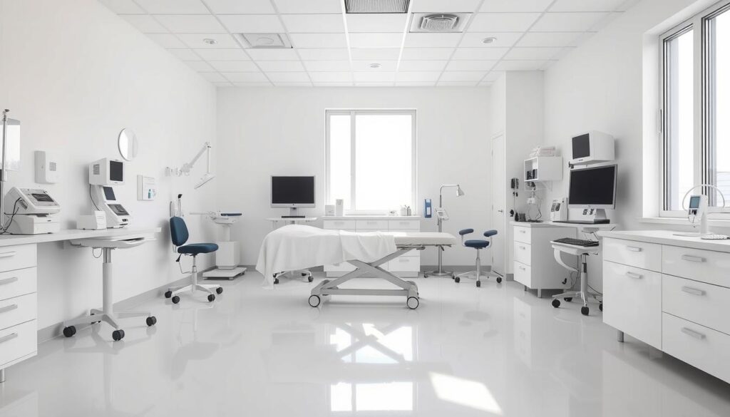 A clean, well-lit examination room in a pediatric growth and development clinic. The floors are spotless, the surfaces gleam with a fresh polish. Crisp white walls provide a serene backdrop, complemented by natural light flooding in through large windows. State-of-the-art medical equipment, neatly organized, stands ready for assessments. At the center, an examination table draped in pristine linens, with a sturdy, adjustable frame. The room exudes a sense of professionalism and meticulous attention to hygiene - a reflection of the BeeGenius clinic's commitment to patient safety and comfort.