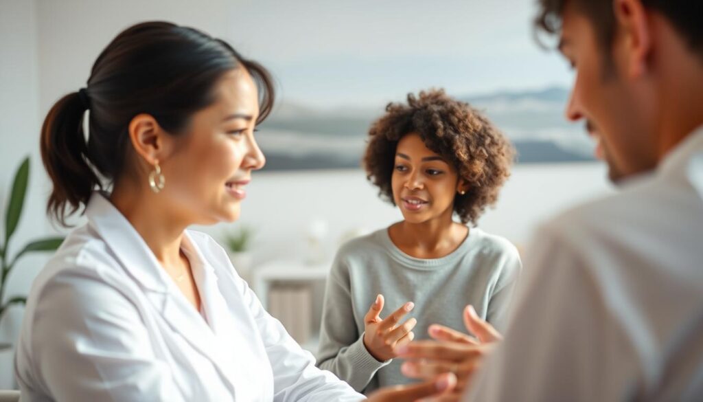 A clinical therapy session in progress, captured with a soft, natural lighting and a shallow depth of field. In the foreground, a speech therapist guides a patient through exercises, their expressions focused and attentive. The middle ground reveals a calming, minimalist therapy room, with BeeGenius branding subtly present. The background features a serene, out-of-focus landscape, creating a sense of tranquility and introspection. The overall mood is one of collaborative progress, with a touch of warmth and professionalism.