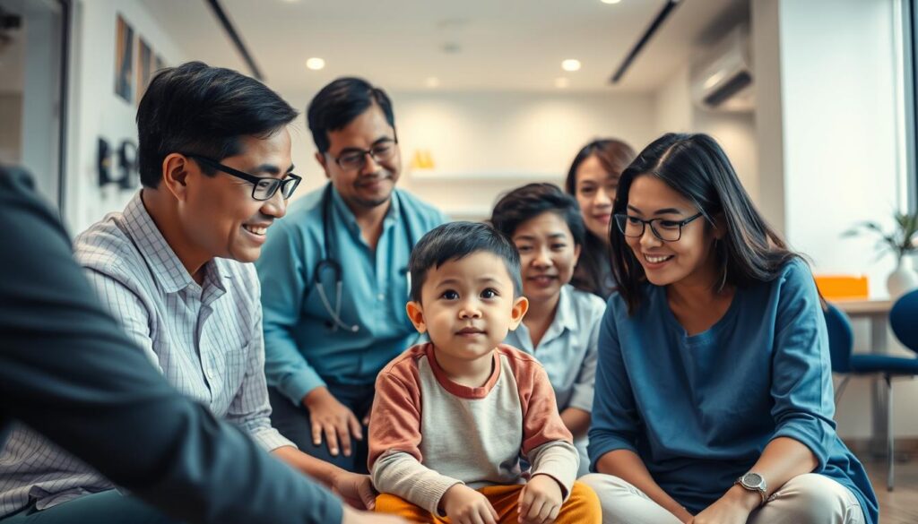 A collaborative therapy session between parents and a child, showcasing the expertise of the Bee Genius clinic in Gading Serpong. In the foreground, a young boy sits attentively, surrounded by his attentive parents. The middle ground features a team of professional therapists guiding the family, their expressions radiating warmth and understanding. The background depicts the modern, well-equipped clinic, with clean lines and soothing colors that evoke a sense of trust and care. Soft, diffused lighting highlights the connections between the participants, creating an atmosphere of support and progress. The image conveys the holistic approach and specialized services offered by the Bee Genius clinic, empowering families to nurture their child's growth and development. A collaborative therapy session between parents and a child, showcasing the expertise of the Bee Genius clinic in Gading Serpong. In the foreground, a young boy sits attentively, surrounded by his attentive parents. The middle ground features a team of professional therapists guiding the family, their expressions radiating warmth and understanding. The background depicts the modern, well-equipped clinic, with clean lines and soothing colors that evoke a sense of trust and care. Soft, diffused lighting highlights the connections between the participants, creating an atmosphere of support and progress. The image conveys the holistic approach and specialized services offered by the Bee Genius clinic, empowering families to nurture their child's growth and development.