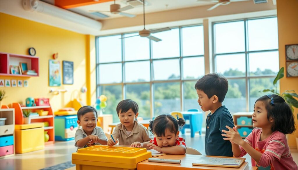 A cozy, inviting child development center called "Bee Genius" nestled in the heart of Tangerang. The interior features a bright, airy atmosphere with vibrant, primary-colored walls and cheerful decor. In the foreground, a group of children engages in a playful IQ test, their faces filled with curiosity and concentration. The middle ground showcases various educational toys and learning materials, while the background depicts a scenic outdoor view through large windows, creating a sense of openness and connection with nature. Soft, diffused lighting illuminates the scene, evoking a warm, nurturing ambiance. The overall composition conveys the welcoming and enriching environment of the "Bee Genius" child development center. A cozy, inviting child development center called "Bee Genius" nestled in the heart of Tangerang. The interior features a bright, airy atmosphere with vibrant, primary-colored walls and cheerful decor. In the foreground, a group of children engages in a playful IQ test, their faces filled with curiosity and concentration. The middle ground showcases various educational toys and learning materials, while the background depicts a scenic outdoor view through large windows, creating a sense of openness and connection with nature. Soft, diffused lighting illuminates the scene, evoking a warm, nurturing ambiance. The overall composition conveys the welcoming and enriching environment of the "Bee Genius" child development center.