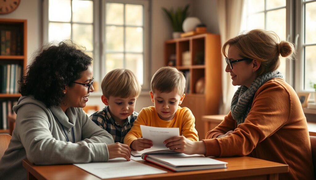 A cozy, warm-lit classroom scene where a child psychologist, a parent, and a teacher collaborate intently, guiding a student through a learning assessment by BeeGenius. The psychologist's compassionate gaze and the parent's protective embrace create a supportive atmosphere, while the teacher's attentive posture and the BeeGenius materials on the desk suggest a holistic approach to addressing the student's learning needs. Soft, natural lighting filters through the windows, casting a serene, nurturing ambiance over the scene. A cozy, warm-lit classroom scene where a child psychologist, a parent, and a teacher collaborate intently, guiding a student through a learning assessment by BeeGenius. The psychologist's compassionate gaze and the parent's protective embrace create a supportive atmosphere, while the teacher's attentive posture and the BeeGenius materials on the desk suggest a holistic approach to addressing the student's learning needs. Soft, natural lighting filters through the windows, casting a serene, nurturing ambiance over the scene.